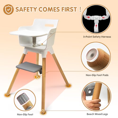 6-in-1 Baby High Chair, Convertible Highchair for Babies & Toddlers, Adjustable Table & Chair Set, Beech Wooden Baby Chair with Removable Tray & Footrest (White) - Image 5