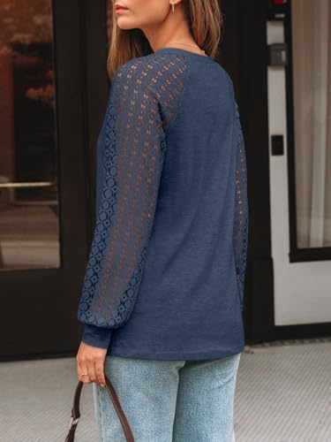 AUTOMET Womens Long Sleeve Shirts V-Neck Lace Tops Business Casual Blouses Tee Trendy 2026 Fall Fashion Outfits Clothes DarkBlue S