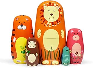 GRPSKCOS Russian Nesting Dolls- Wooden Matryoshka Dolls for Kids Handmade Cute Cartoon Animals Lion Tiger Monkey Pattern Nesting Doll Toy Stacking Doll Set of 5