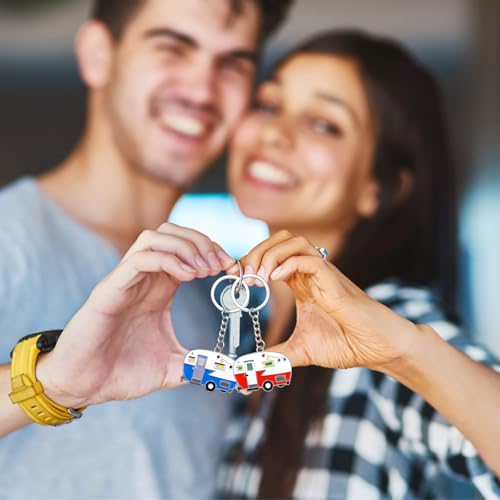 Image of Thinp 2 Pieces Camper Keychain, RV Camper Keyring Accessories for Travel Trailers Enameled Metal Retro Camping Car Keychain