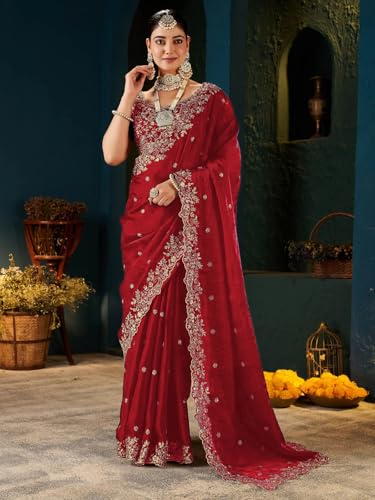 Image of SIRIL Women's Tissue Silk Sequence Embroidery Saree with Unstitched Blouse Piece