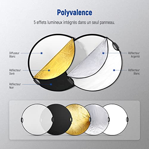 Image of NEEWER 80cm Light Reflector with Handle & 3 /8 inch Thread, 5 in 1 | Foldable Round Light Diffuser, Translucent /Silver /Gold /White /Black for Studio or Outdoor Photo Lighting, RF-80II