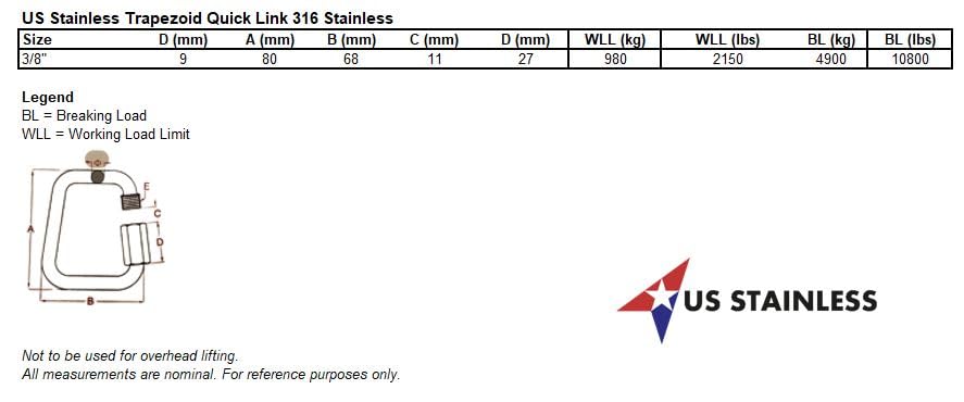 US STAINLESS Stainless Steel 316 Trapezoid Quick Link 3/8" (9mm) Marine Grade - Image 4