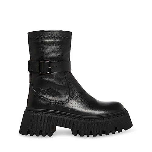 Steve Madden Ankle Boot Everly Black Leather Lugged Sole Buckle Detailed Ankle Combat Boots