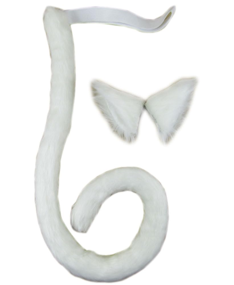 Happylifehere Long Fur Cat Ears and Cat Tail Set Halloween Party Kitty Cosplay Costume Kits (White)