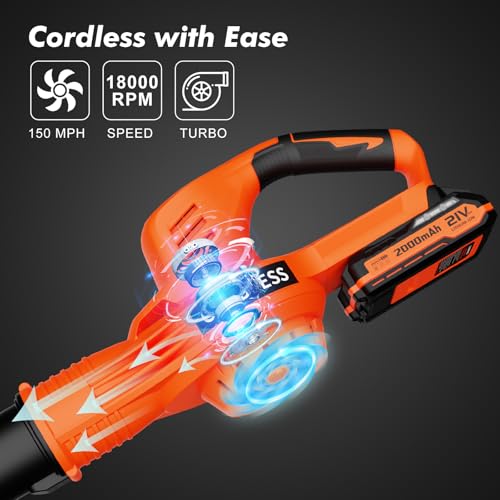 Image of Leaf Blower Cordless - 21V Powerful Electric Leaf Blower with 2 Batteries and Charger, 2 Speed Modes, 2.0Ah Lightweight Battery Powered Leaf Blowers for Lawn Care, Patio, Dust, Blowing Leaves