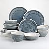 Euro Ceramica Fez 16 Piece Double Bowl Stoneware Mandala Pattern Design Dinnerware Set, Service for 4, Grey