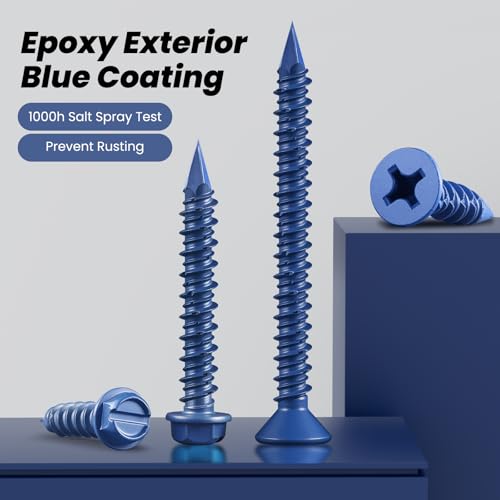 BNUOK 35Pcs 1/4 x 1-1/4 Inch Concrete Screws Anchor with Drill Bit, Blue Hex Head Masonry Brick Stucco Cement Block Screws, Diamond Point