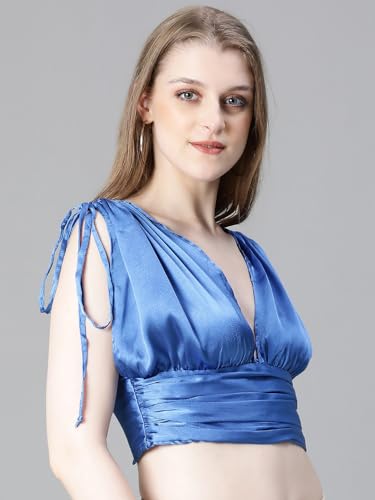 Image of oxolloxo Women Solid V-Neck Elasticated Tie-Up Satin Crop Top