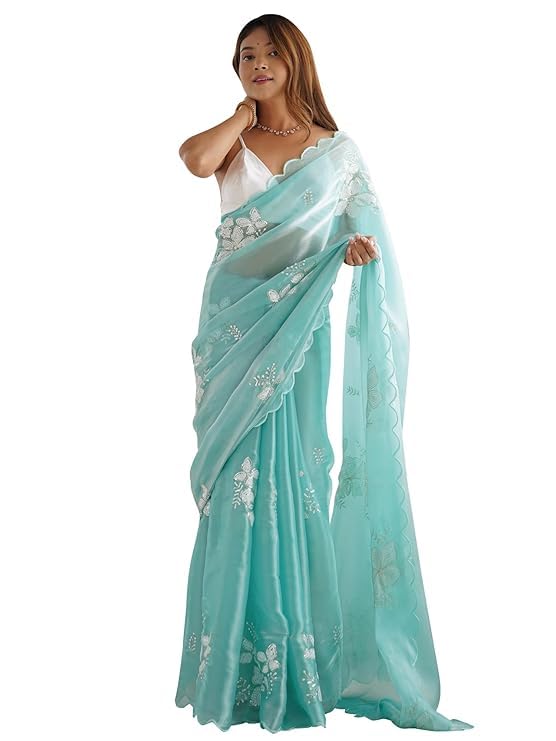 Flosive Women's Shimmer Organza Sequence Embroidery Saree With Unstitc