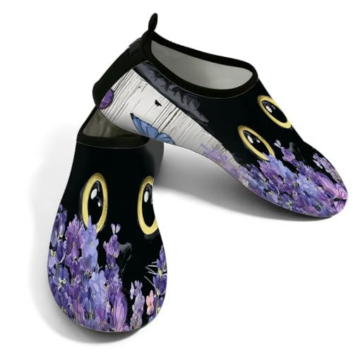 Zapatos acuáticos de playa con diseño de gato negro y mariposa floral