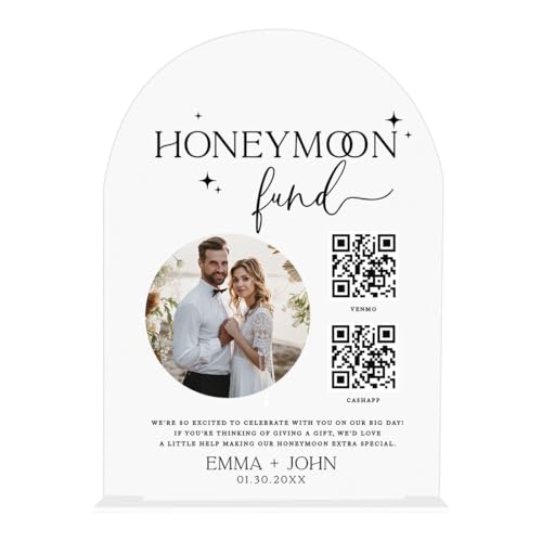 Andaz Press Custom Honeymoon Fund QR Code Sign with Stand, Personalized White Acrylic Wedding Fund Box Alternative for Cash, Honey Moon Fund Box Sign with QR Code and Round Photo for Wedding, 7x5 Inch
