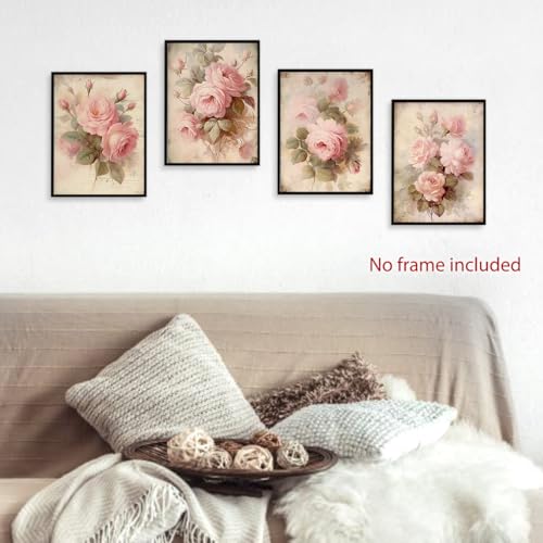 Image of laveliabel Vintage Pink Rose Wall Art Prints Set of 4 Unframed, Floral Wall Decor, Shabby Chic Pink Floral Botanical Poster Prints for Cottagecore Home Room Wall Decor 12x16 Inches