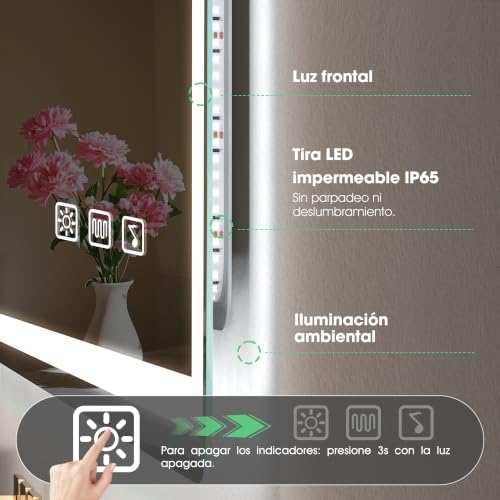 Miniatura 6 de S Bagno Espejo Baño Con Luz 100 X 70 Cm, Epejo Baño Led Con Atenuación Antiempañamiento Con Cambio De Color, Espejos De Baño Con Led Con Altavoz Bluetooth