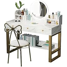 Vanity Table Set, Makeup Table with Lighted LED Mirror&Stool, Bedroom Wood Dressing Table with 3 Storage Drawers Color White, Size 100CM