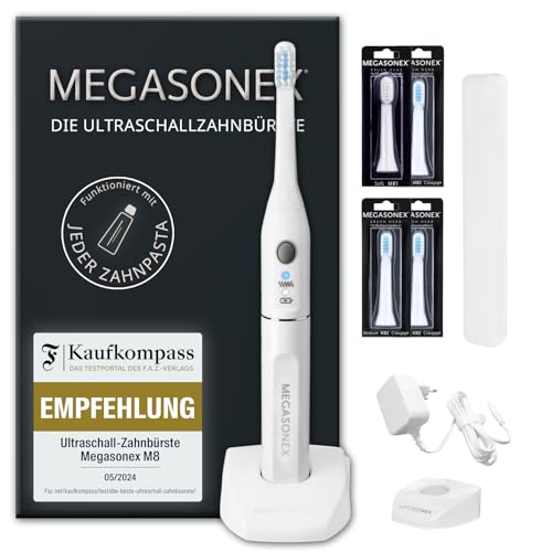 Megasonex M8 - Spazzolino a ultrasuoni + due testine di ricambio per spazzolino medio blanc