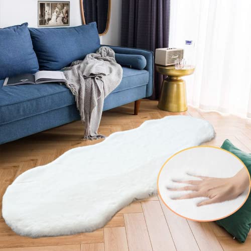 White Faux Bunny Fuzzy Fur Rugs for Bedroom Living Room Shag Washable Furry Area Rug 2x6 Nursery Shaped Rug Teen Room Décor