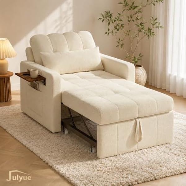 Mała sofa z funkcją spania 3 w 1, rozkładane łóżko 190 cm z kieszenią boczną, fotel do spania, fotel relaksacyjny, rozkładana sofa, taboret do spania z funkcją łóżka do 200 kg, beżowy materiał