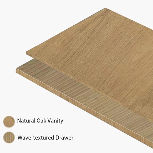 Image of 36'' Floating Bathroom Vanity with Sink, Wall-Mounted Bathroom Storage Cabinet with Soft-Close Striped Drawer & Solid Surface Basin, Modern Natural Oak Body with Internal Handle, Wood