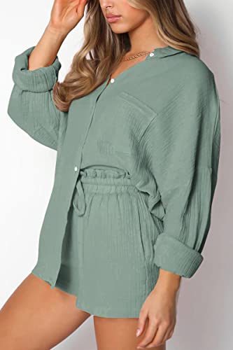 Image of Trendy Queen Two Piece Sets For Women Summer Short Sets | Matching Two Piece Pajama, Lounge Wear, Linen Set, Button-down Top with Matching Shorts, Perfect for Beach, Resort Wear
