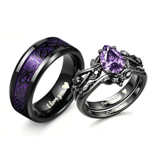 AIKeXun Tungsten Celtic Dragon Custom Wedding Ring Set for Couples (Purple)