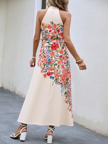 Women’s Floral Maxi Dress Casual A-Line Halter Neck Sleeveless Flowy Vacation Wedding Guest Long Dresses with Belt 20254