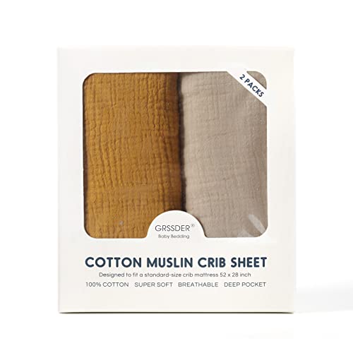 Image of GRSSDER 100% Cotton Muslin Crib Sheet 2 Pack - Breathable & Ultra-Soft Fitted Crib Sheets for Standard Baby & Toddler Mattresses, 52 inchx28 inch with 9 inch Deep Pocket, Snug Fit All-Around Elastic