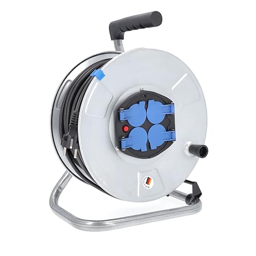 as - Schwabe enrollacables de 50 m H05RR-F 3G1,5-4 tomas con tapas de protección - 230 V / 16 A / 3.500 W - Protección contra sobrecalentamiento - IP20 - Carrete Made in Germany, 10412