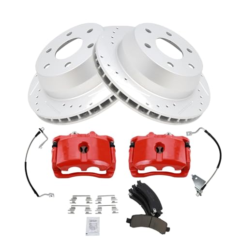 Image of TRQ Rear Performance Brake Pad, Caliper, Hose, & Rotor Kit Ceramic Premium G-Coated Red Compatible with 2003-2009 Chevrolet Express 1500 2003-2013 GMC Savana 1500