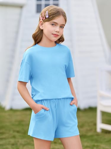 Image of Haloumoning Girls Summer 2 Piece Outfits Kids Oversized T Shirts and Shorts Clothing Sets 5-14 Years