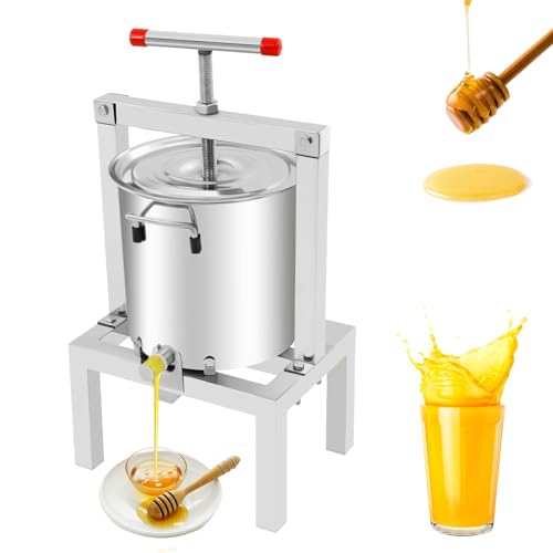 Pressoir à miel manuel, presse à vin de fruits 10 L avec passoire en acier inoxydable, presse à cidre professionnelle avec 2 poignées en T, anti-éclaboussures, pour presser soi-même son miel de fruits