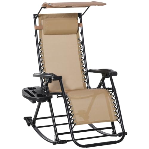 Image of Outsunny Garden Rocking Chair Folding Recliner Outdoor with Headrest Beige