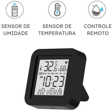 Imagem de um dispositivo eletrônico com design compacto e moderno, apresentando um visor digital em preto e branco. O display exibe informações como temperatura (32,6°C), umidade (66%), data (2021/11/03), dia da semana e hora (10:23 AM). Acima do dispositivo, ícones ilustram suas funcionalidades: sensor de umidade, sensor de temperatura e controle remoto, com desenhos representativos de cada função.