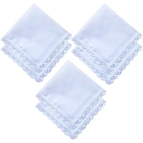 6 Pack of Ladies Embroidery Cotton Handkerchiefs Lace Border White Hankies Cover
