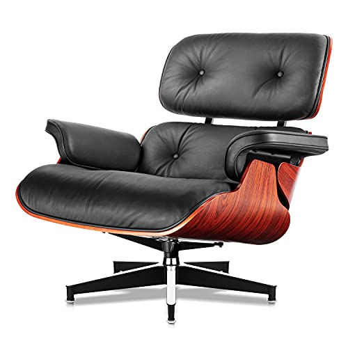 Image of Top Black Grain Leather, Mid Century Chaise Lounge Chair and Ottoman, Modern Chair Classic Design, Red Rosewood, Heavy Duty Base Support for Living Room Office
