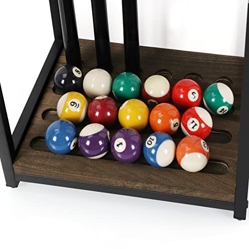 smusei Pool Cue Rack Wood Billiard Stick Holder Pool Table Accessories for Billiard Room Game Room Club Holds 6 Cues, Floor Stand, Deep Brown