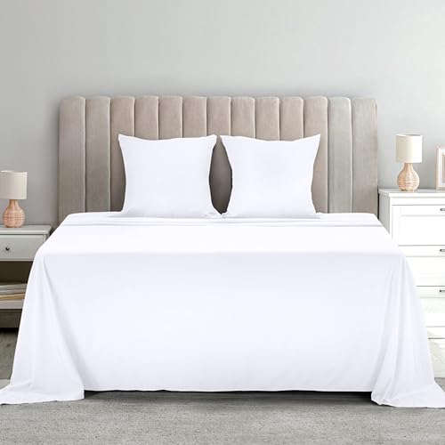 Image of Utopia Bedding 4-Piece Bed Sheet Set 160 x 200 cm, White - Polyester Microfibre, Oeko-Tex Certified, 1 Fitted Sheet 160 x 200 cm, 1 Flat Sheet 266 x 259 cm and 2 Pillowcases 65 x 65 cm