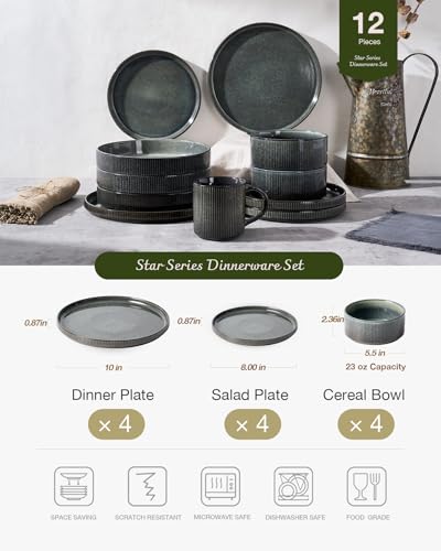 Image of Famiware Star 12-Piece Stoneware Dinnerware Sets for 4, Reactive Glaze Plates and Bowls, Modern Rustic Dishes for Everyday & Formal Use, Chip /Scratch Resistant, Microwave /Dishwasher Safe, Deep Forest
