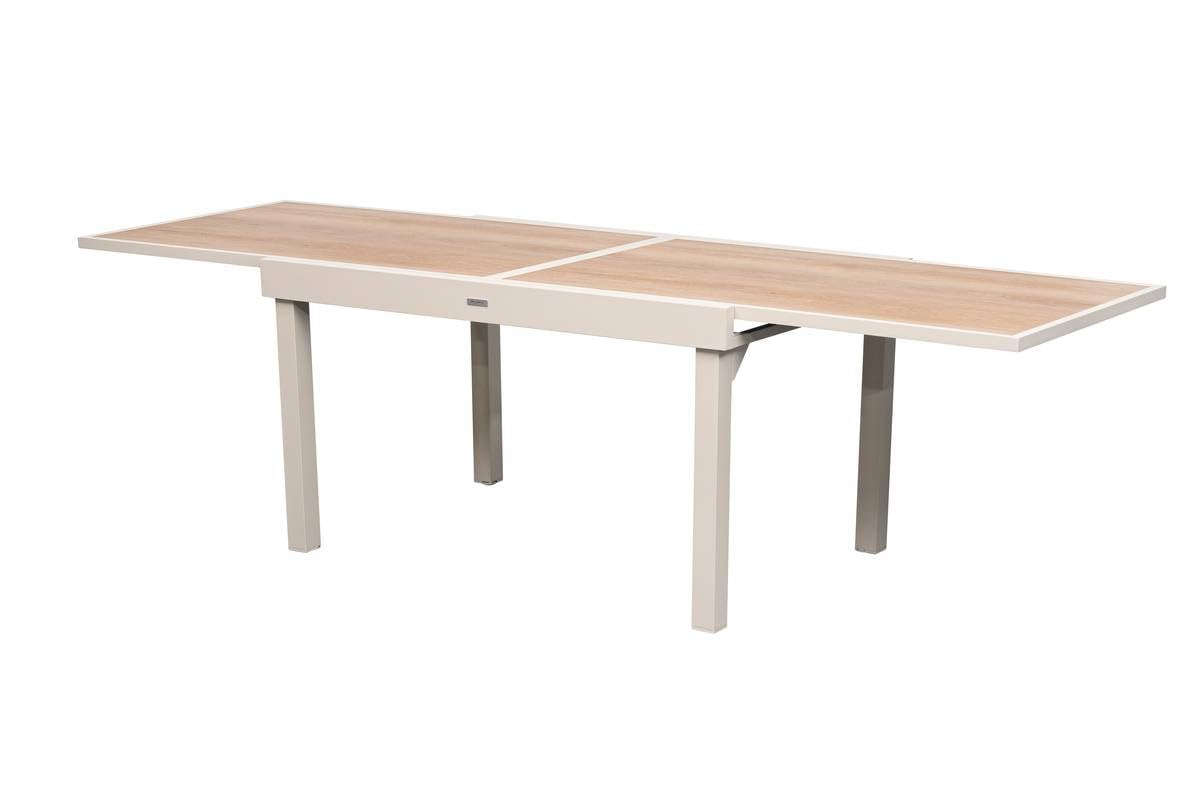 Hespéride - Table de Jardin Extensible Piazza Argile - 10 Places - Aluminium Traité Epoxy Antirouille - Plateau Verre Trempé Effet Bois - Meuble d'Extérieur à Rallonge Coulissante