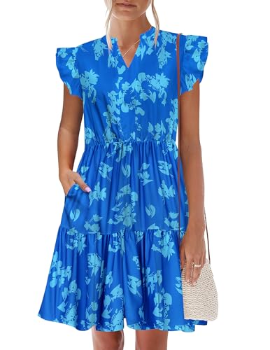 Image of HOTOUCH Women Printed Dress for Summer Short Ruffle Sleeve Dress Tiered Mini Dress with Pockets
