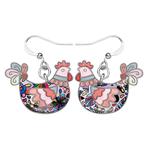 NEWEI Cute Enamel Chicken Earrings Dangle Fashion Animal Jewelry For Women Chicken Gift Charms (Pink)