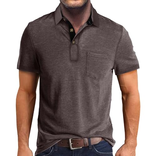 Camiseta para hombre de manga corta – Slim Fit Henley – Polo con botones – Tennis Golf Polo con bolsillo – Camiseta deportiva – Camiseta interior para hombre, café, 3XL