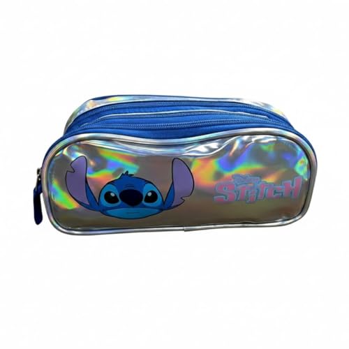Estojo Escolar Stitch Holográfico Prateado, Duplo Compartimento com Zíper, 24cm, Azul