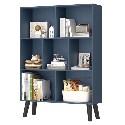 YAHARBO Blue Bookshelf,3 Tier Book Shelf with Legs, 7 Cube Minimalist Bookcase,Storage Organizer Shelves Display Bookcases for Bedroom,Living Room
