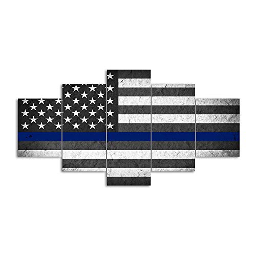 Us Usa American Flag Military Canvas Print Wall Art Thin Blue Line Home Decor Decals Pictures Poster For Living Room Bedroom Dining Room Office 5 Panel Paintings Framed Ready To Hang (60"Wx32"H, F) #TOP1