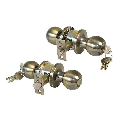 Amig - Pomo Puerta Entrada - Con Picaporte de Entrada 60/70 mm - Pomo de Bola en Ambos Lados - Con Cerradura y Condena - Sistema Antitarjeta - Para Puertas de Madera - Latón Cuero