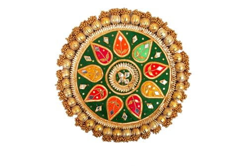 Image of Wood Handmade Gota Patti Work Plate, Table Decor & Base For Statues, Gods, Plant, Craftsmanship With Golden Moti Detailing, Gift For Diwali, Birthdays, Housewarming Size 13 inch Green 1