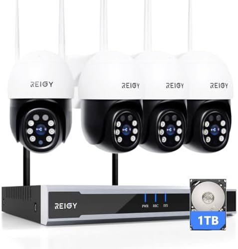 REIGY 5MP Kit Camara de Seguridad WiFi Exterior con Disco Duro 1TB, Sistema Vigilancia IP Interior 4X PT Camara(2880 * 1620p) y 16CH NVR, Visión Noctu...