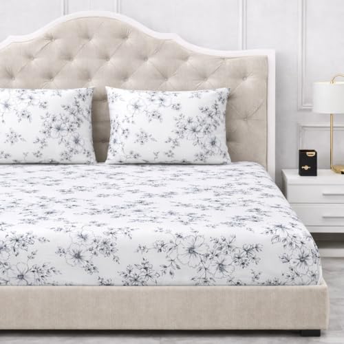 Image of 300 TC Cotton Feel Glace Cotton Elastic Fitted Bedsheet for King Size Double Bed | Fits up to 8 Inch Mattress | Printed Bedsheet with 2 Pillow Covers (White Black, King Size - 72 inchx78 inch)