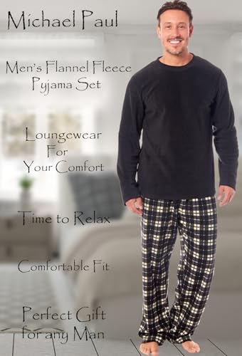 Michael Paul Mens Soft & Cosy Fleece Pyjamas | Warm Pj Set Nightwear Sleepwear Loungewear Modern Set With Check Bottoms | Soft Twosie Pyjama Set For Men Gifts For Him Black L - 2